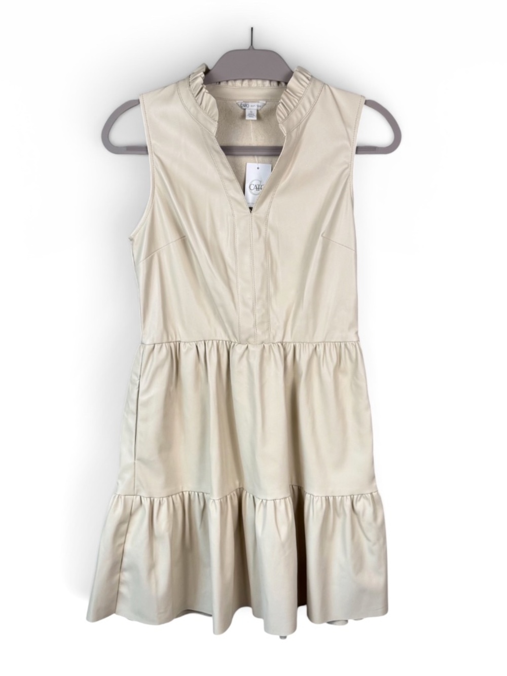 NWT Cato Faux Leather Beige Sleeveless Mini Dress Women Size S Cream Ruffle Neck
